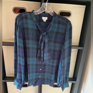 NWOT J Crew navy plaid blouse with tie size S